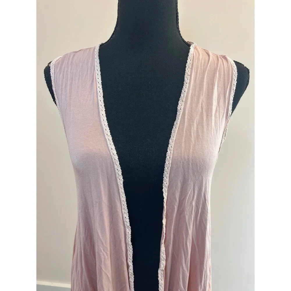 POL Pink Crochet Lace Trim Open Front Sleeveless Cardigan Vest Womens M Boho